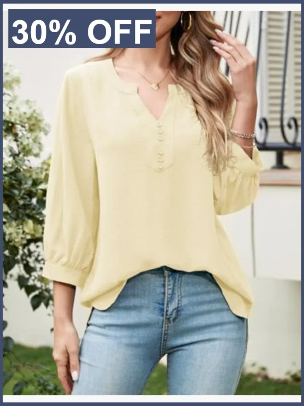 Women's 3/4 Sleeve V-Neck Blouse Loose Fit Rayon Spandex Henley Top_3